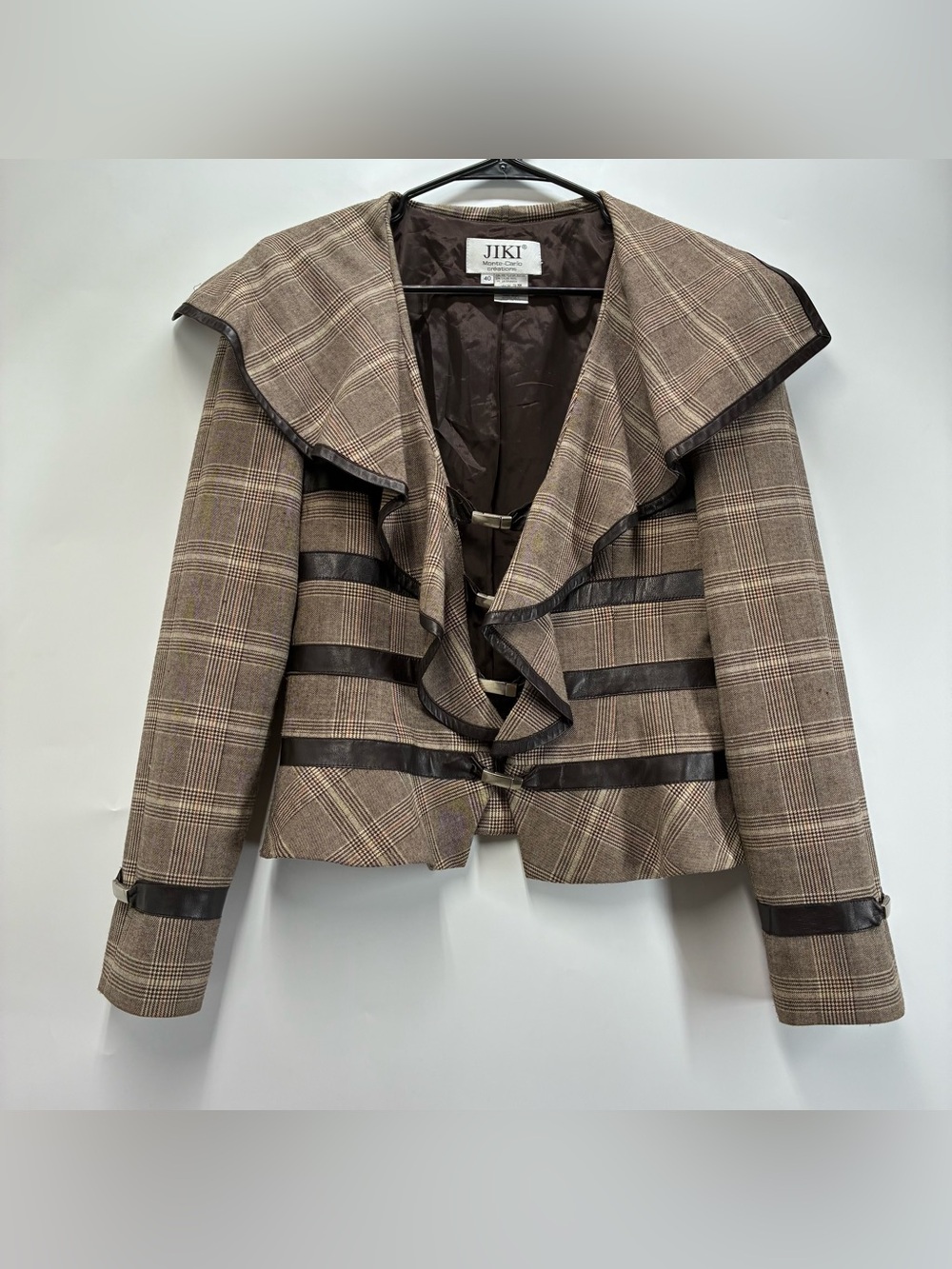 90s Vintage Jiki Monte Carlo Wool Plaid Ruffle Blazer Jacket Brown Twee Indie